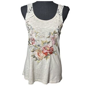 Boho Floral Embroidered Lace Trim Tank Top Size Medium Cottagecore Summer